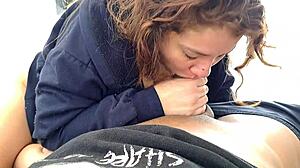 My stepsister boldly sucks my cock intensely on the terrace.