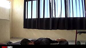 Woke up muscular husband Carlos jerking off intensely in lingerie before we fuck like bodybuilders