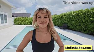 I see sexy blonde teen Luna Luxe reveal her perfect round butt by the pool with Jmac