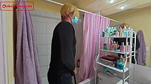 La fiesta continua en el baño with bisexual sex, cowgirl, and cum!