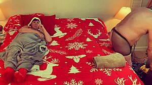 Granny Carmen Claus deepthroats in Christmas cosplay.