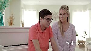 Blonde teacher uses big tits to teach bach, tell me about sucking and fucking the student on piano