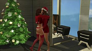 Christmas Morning Erupts into Steamy Lesbian Shemale Fucking