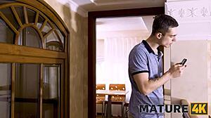 Mature woman in red bra seduced and fucked by her horny stepson in taboo encounter