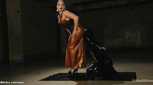 busty femdom pegs man in bondage suspension