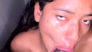 Cute brunette slurps on BBC in the bathroom before heading to work with her amateur partner