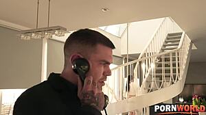 Katrina Moreno kneels for tit job and sucks hubby's cock