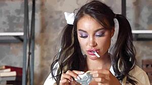 Nerd student Monika Fox does homework with prolapse squirt