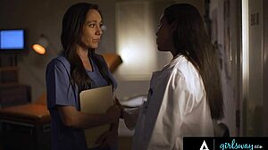 Doctor Vicki Chase keeps Nurse Sinn Sage's mouth busy to hide secrets