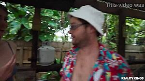 A hostel takeover with blonde and black in threesome cumshot