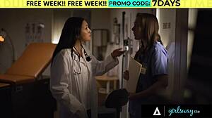 Doctor Vicki Chase keeps Nurse Sinn Sage's mouth busy to hide secrets