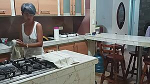 Latina stepsister gets fucked in kitchen with dildo