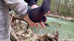 beautiful nylon feet teasing in jeans outdoor