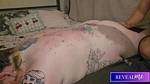 Curvy babe gets hot wax massage on back and tits