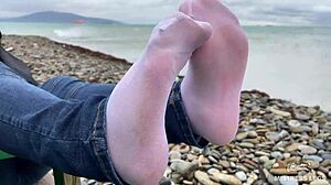 beautiful nylon feet teasing in jeans outdoor