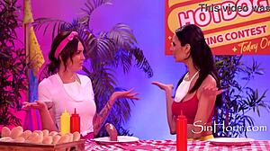 at the contest, dkye uses her strapon on the horny latina.