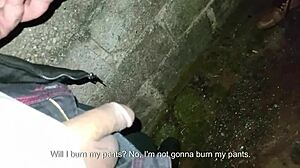 Couple peeing and having sex in public behind the church. Bent over doggystyle flashing.