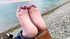 beautiful nylon feet teasing in jeans outdoor