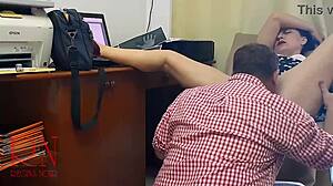 Want to be my employee? Boss licks employee pussy in office.