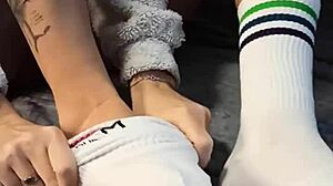 My dirty step sister bought special socks to tease my dick in the dorm.