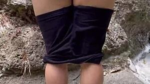 Detailed anal fucking of cousin's tight ass behind rocky hill. In outdoor forest setting with creampie.