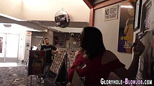 gloryhole MILF with HUGE boobs gets BANGED by big cock interracial group