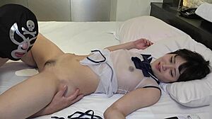 Japanese beauty nonomiya-chan gives blowjob and creampie sex, showing her beautiful shaved pussy in cute cosplay