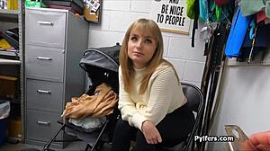 the hottie steals a dildo in the back office. she gets a big surprise