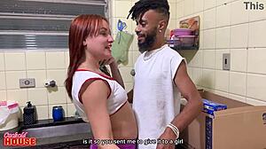 A cuckold husband watches his wife getting fucked by the supermarket delivery guy right in their kitchen.