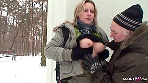 Old German Guy Seduces Curvy Nylon Teen for Outdoor Snow Fuck