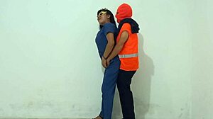 Nurse interacts with cleaning staff in hospital