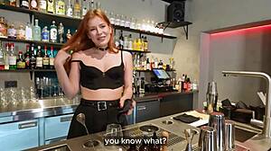 Customer dives into hot bartender's lingerie for fun