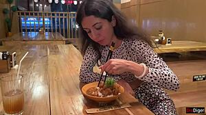 I Cum On A Girls Face In Public Sushi Bar And She Eats Rolls With Cum On Her Face - Cumwalk