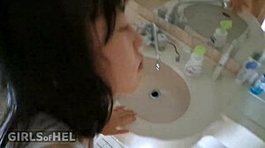 filthy asian whore gets pissed on - first time golden shower 😈