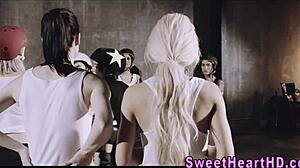 Teen lesbians in locker room eat each other out passionately