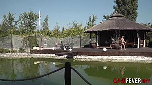 Who bangs hos ass with big black cock in group?