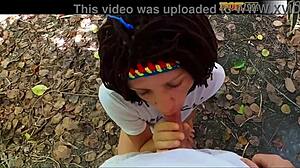 Pov blowjob and handjob in the public park till cum in mouth