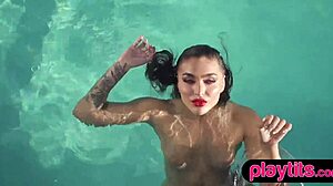 Look at this big ass stunning beauty stripping naked to show off by the pool