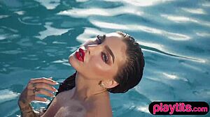 Look at this big ass stunning beauty stripping naked to show off by the pool