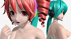 Hatsune miku, teto, and neru in triple baka project diva nude mod