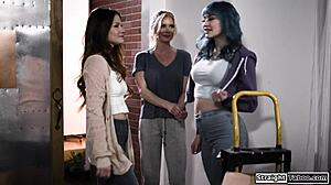 Milf landlady seduces busty babe with fingering