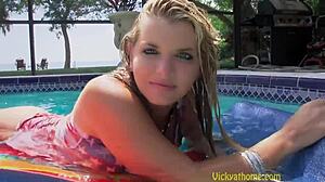 Stacked blonde Vicky Vette titty fucks a cock and gets jizzed all over her big tits