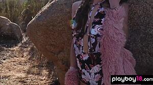 Drew Catherine the flat chested Canadian beauty strips on a rock outdoors