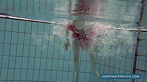 katya okuneva in red dress by the pool