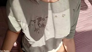 sunny gives a handjob and cum lands on clothes pov