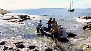 These three totally random guys fucked extremely hard this blonde bitch on the fucking beach