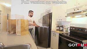 busty milf gets rough fucked on kitchen counter by neighbor, choking and spanking