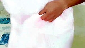 She walks in piss while he stays in chastity cage