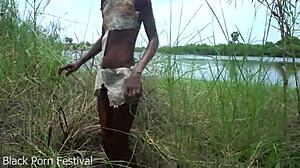 Skinny African Tribe Woman Working Outdoors
