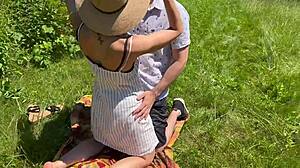 wife in dress fucks husbands friend gets public creampie in field 😏